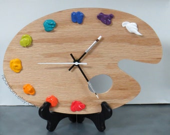 Artist Palette Clock, 3D Paint on Wood - BRIGHTS - SMALL Wall or Desk Clock option -  art studio decor, artist painter gift