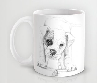 Boxer Puppy Ceramic Mug, White Boxer Dog Sketched Drawing Art with Butterfly - Patch, the Puppy - Gift for dog, pet, animal lovers