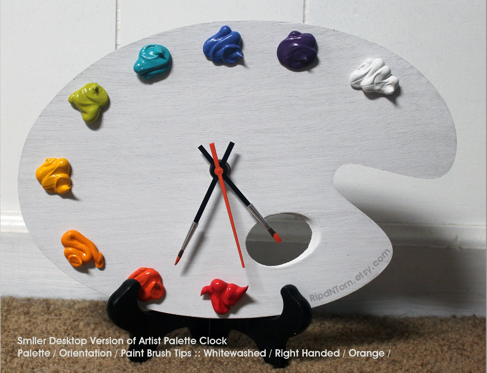 Artist Palette Clock, 3D Paint on Wood BRIGHTS, WHITE, SMALL Wall Desk