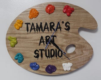 Personalized Art Palette Clock: Handmade Oak Sign, Bright Colors, Artist Studio Decor Gift