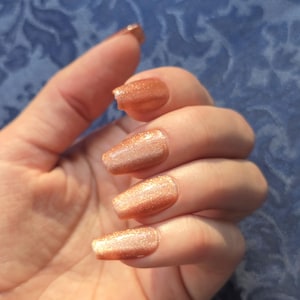 Copper Orange Press On Nails Short Almond, Glass Cat Eye Jelly Press Ons, Square Oval Shimmery Reusable Fake Nails