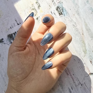 Blue Press On Nails Short, Glass Cat Eye Jelly Press Ons, Long Coffin Goth Nails, Sparkly Glitter Reusable Fake Nails