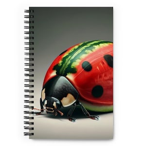 Puede incluir: Cuaderno de espiral con un diseño de mariquita. El caparazón de la mariquita es rojo con lunares negros y un patrón de corteza de sandía. El cuaderno tiene un fondo blanco y un degradado gris.
