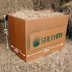 May include: A brown cardboard box filled with hay. The box is labeled "SALTHAY" and measures 19 inches tall, 16 inches wide, and 26 inches long.