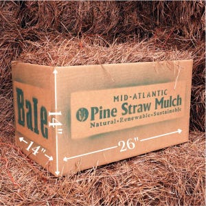 May include: A brown cardboard bale of pine straw mulch, measuring 14 inches by 14 inches by 26 inches. The bale is labeled "MID-ATLANTIC Pine Straw Mulch Natural Renewable Sustainable".
