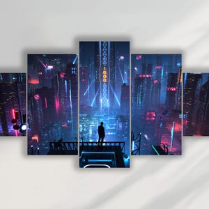 Cyberpunk Cityscape Wall Art | Futurystyczny neonowy wydruk na płótnie Skyline | 5-panelowy wystrój Sci-Fi do salonu