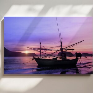 Sunset Boat Canvas Wall Art | Nautical Seascape Print | Pirate Ship at Sunset | Ocean Horizon Art | Large Coastal Wall Decor