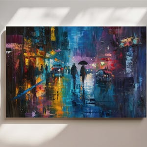 Colorful Rainy Night Cityscape Canvas Art | Urban Street Scene with Umbrella | Modern Abstract City Wall Decor