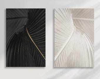 Creamy and Golden Bird of Paradise Leaf Canvas set of 2 | Elegant Tropical Botanical Art Print