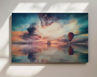 Multicolor Hot Air Balloon Canvas Art | Colorful Sky and Water Painting | Vibrant Wall Decor for Living Room or Office