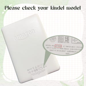 May include: A white Amazon Kindle device with the Amazon logo embossed on the back. The image includes a close-up of the model information, including "OP75SD" and other technical details.