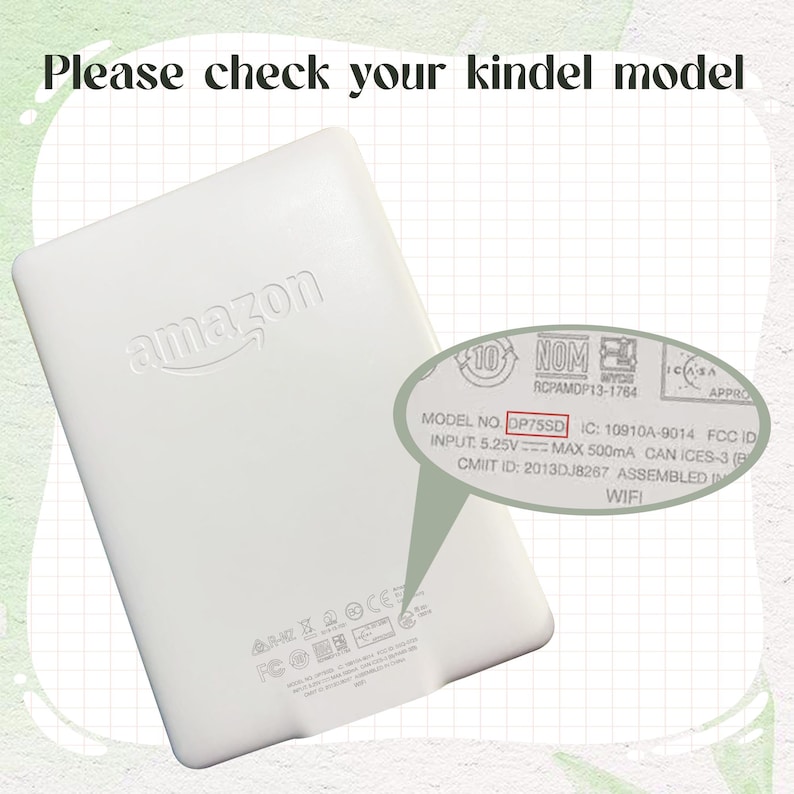 May include: A white Amazon Kindle device with the Amazon logo embossed on the back. The image includes a close-up of the model information, including "OP75SD" and other technical details.