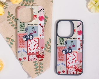 Collage Cherry Phone Case For iPhone 17 16 Pro Max,iPhone 17 16 15 14 13 12 11,16e,XR XS,17 Air,iPhone Plus Mini,Custom Name