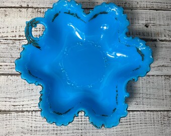 Dithridge company Blue opaque milk glass bowl shallow flower antique