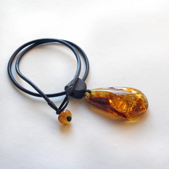 Orange Amber Necklace, Men's Amber Pendant, Gemstone Pendant Gift for Him,  Bright Amber Stone Pendant on Black Leather, Unique Amber Jewelry
