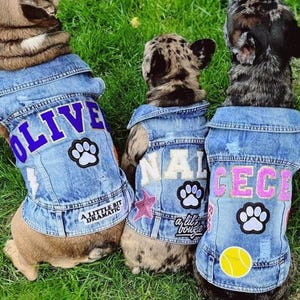 May include: Three dogs wearing denim jackets with personalized patches. The jackets feature names like "OLIVE," "NALA," and "CECE," along with paw prints and other decorative patches. The dogs are on a bed of green grass.