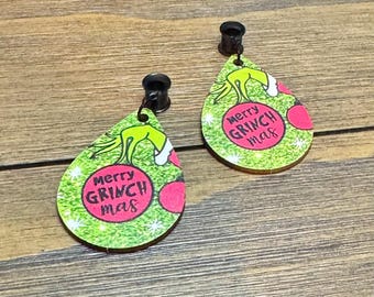 Merry Grinchmas Christmas Ball Dangle Ear Tunnels, Plugs Gauges, Stretched Ear Jewelry, Piercing Gift, Christmas Earrings