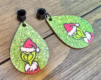 Santa Grinch Dangle Ear Tunnels, Plugs Gauges, Stretched Ear Jewelry, Piercing Gift, Christmas Earrings