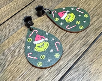 Grinch Dangle Ear Tunnels, Plugs Gauges, Stretched Ear Jewelry, Piercing Gift, Christmas Earrings