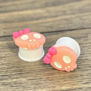 Peach Skull Bow Ear Plugs Tunnels Gauges, Stretched Ear Jewelry, Goth Punk Alt Piercing Gift