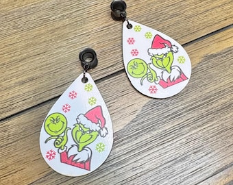 Grinch Dangle Ear Tunnels, Plugs Gauges, Stretched Ear Jewelry, Piercing Gift, Christmas Earrings