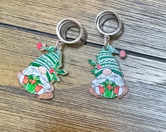 Christmas Gnome Dangle Ear Tunnels, Plugs Gauges, Stretched Ear Jewelry, Piercing Gift, Christmas Earrings