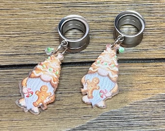 Christmas Gingerbread Gnome Dangle Ear Tunnels, Plugs Gauges, Stretched Ear Jewelry, Piercing Gift, Christmas Earrings
