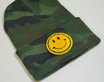 Yellow Smiley Beanie, Chenille Patch Knit Winter Hat, Country Western Cap Gift