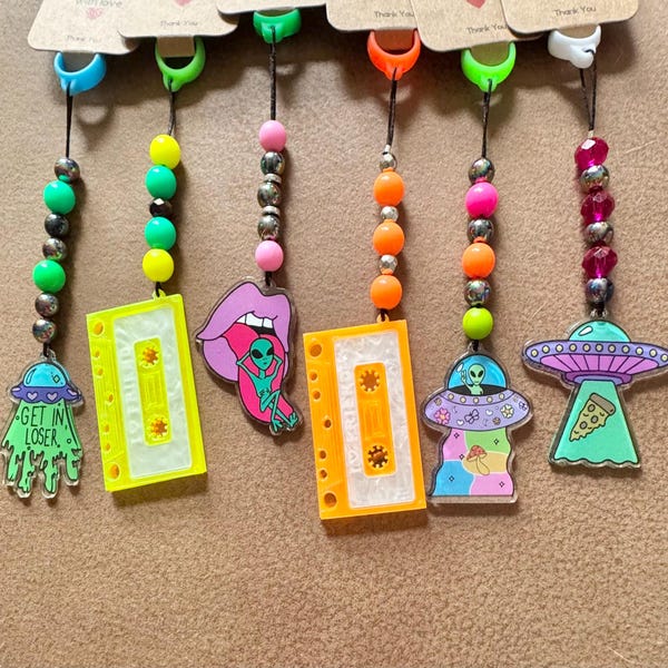 Neon Tumbler Straw Charms: Retro Alien, Cassette Tape, UFO
