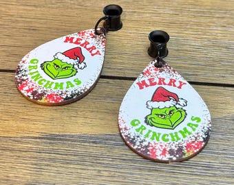 Merry Grinchmas Dangle Ear Tunnels, Plugs Gauges, Stretched Ear Jewelry, Piercing Gift, Christmas Earrings