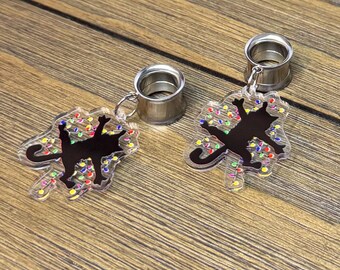 Christmas Lights Cat Dangle Ear Tunnels, Plugs Gauges, Stretched Ear Jewelry, Piercing Gift, Christmas Earrings