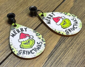 Merry Grinchmas Dangle Ear Tunnels, Plugs Gauges, Stretched Ear Jewelry, Piercing Gift, Christmas Earrings