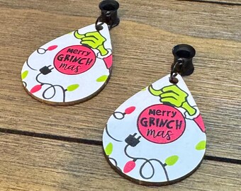Merry Grinchmas Dangle Ear Tunnels, Plugs Gauges, Stretched Ear Jewelry, Piercing Gift, Christmas Earrings