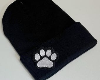Paw Print Beanie, Leather Patch Knit Winter Hat, Dog Cat Lover Pet Mom Gift