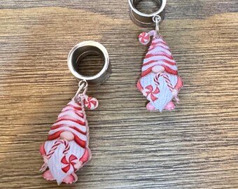 Christmas Candy Cane Gnome Dangle Ear Tunnels, Plugs Gauges, Stretched Ear Jewelry, Piercing Gift, Christmas Earrings