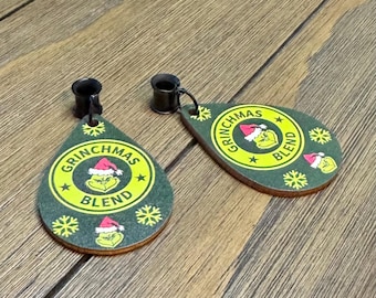 Grinchmas Blend Dangle Ear Tunnels, Plugs Gauges, Stretched Ear Jewelry, Piercing Gift, Coffee, Christmas Earrings