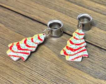 Christmas Tree Cake Dangle Ear Tunnels, Plugs Gauges, Stretched Ear Jewelry, Piercing Gift, Christmas Earrings