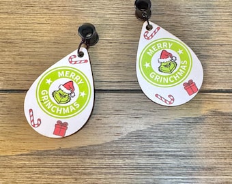 Merry Grinchmas Dangle Ear Tunnels, Plugs Gauges, Stretched Ear Jewelry, Piercing Gift, Christmas Earrings