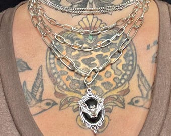 Layered Choker Necklace Set | Chains | Bat | Goth | Punk | Silver | Cosplay | Halloween