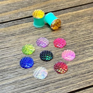 May include: Two turquoise ear plugs with gold-toned scale-patterned faces, accompanied by eight circular cabochons featuring iridescent scale textures in various colors including purple, pink, blue, green, black, and translucent white.