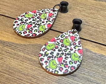 Cheetah Print Santa Grinch Dangle Ear Tunnels, Plugs Gauges, Stretched Ear Jewelry, Piercing Gift, Christmas Earrings