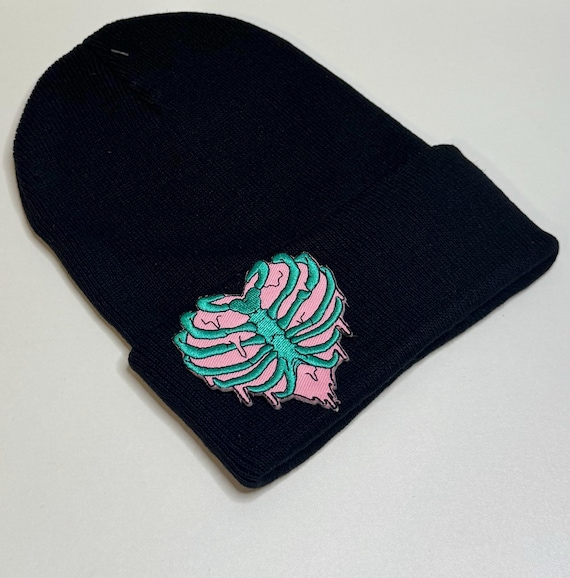 Ribcage Heart Cuffed Beanie, Leather Patch Knit Winter Hat, Western Cap Gift