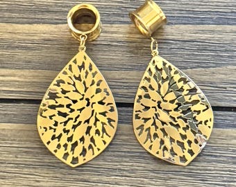 Gold Leaf Dangle Ear Plugs Tunnels Gauges, Stretched Ear Jewelry, Goth Punk Alt Piercing Gift
