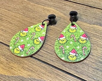 Santa Grinch Dangle Ear Tunnels, Plugs Gauges, Stretched Ear Jewelry, Piercing Gift, Christmas Earrings
