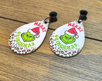 Cheetah Print Merry Grinchmas Dangle Ear Tunnels, Plugs Gauges, Stretched Ear Jewelry, Piercing Gift, Christmas Earrings