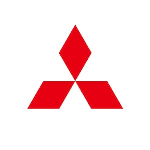 May include: Red Mitsubishi logo on a white background. The logo consists of three red diamonds, with one diamond positioned above and two diamonds below, forming a three-dimensional shape.