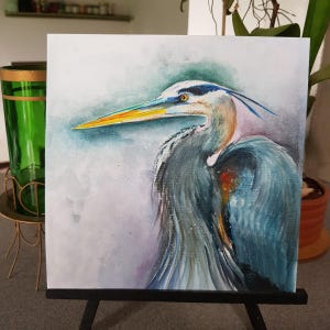 Airone azzurro uccello Wall Art / Mini dipinto / Dipinto acrilico originale a mano / Piccola tavola 20 x 20 cm Decorazione da parete Carta da 200 g/m² 140 libbre