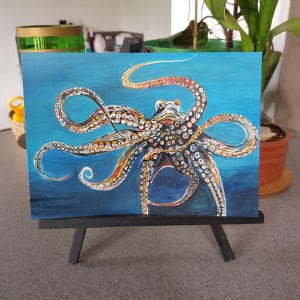 Polpo Arte murale delle profondità marine / Mini dipinto / Dipinto acrilico originale a mano / Piccola tavola 20 x 15 cm Decorazione artistica da parete Carta da 200 g/m² 140 libbre