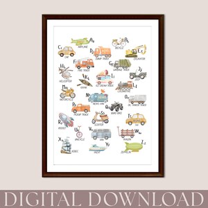 Transport Alphabet Printable, Nursery Decor ABCs, Vehicles Poster, Boys Nursery Wall Art, Kids Playroom Poster, Learning Poster,