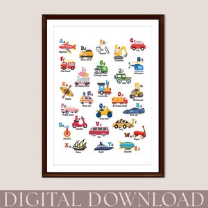 Transport Alphabet Printable, Nursery Decor ABCs, Vehicles Alphabet Poster, Boys Nursery Wall Art, Kids Playroom Poster, Learning Poster,